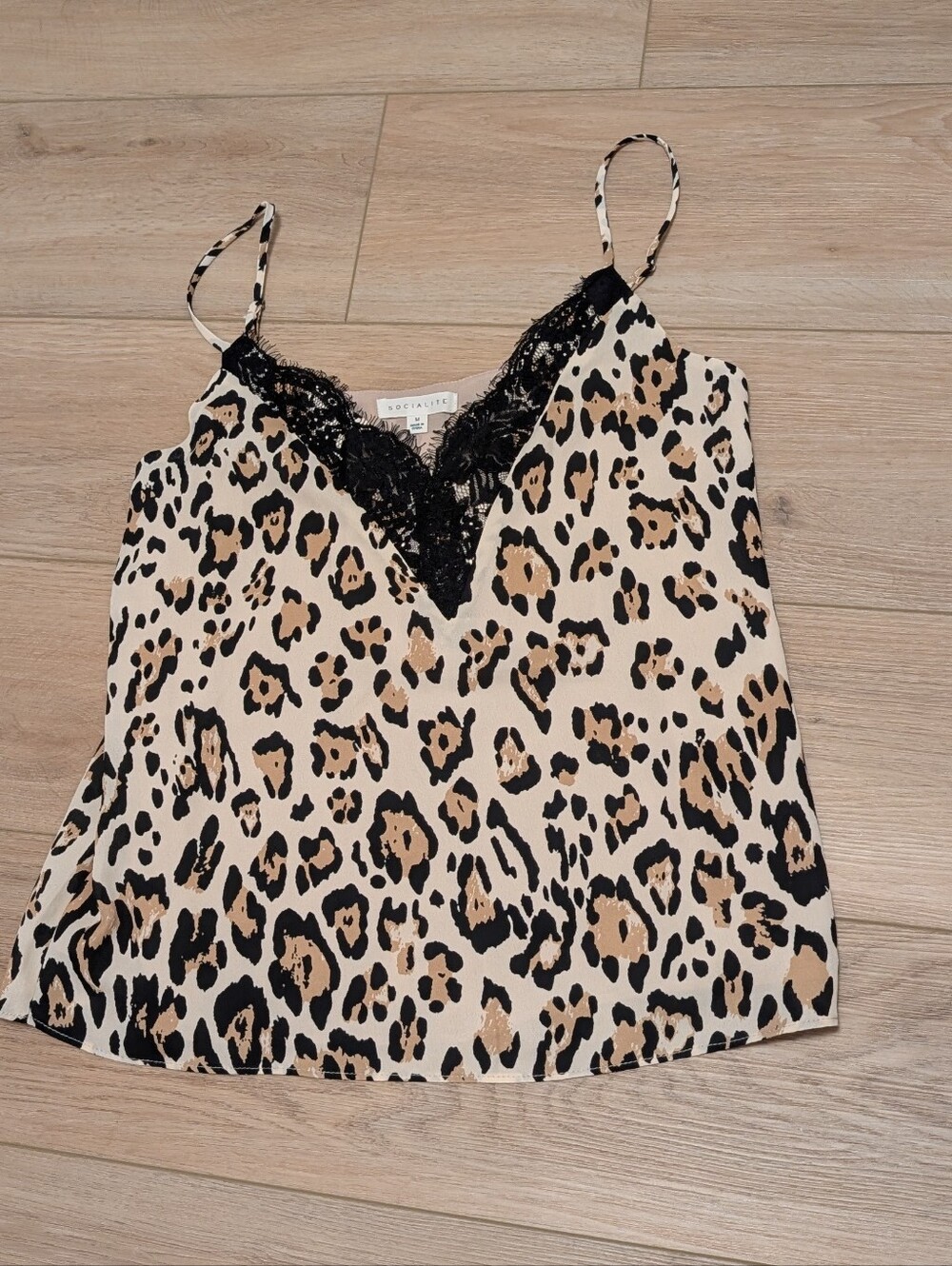 Leopard Print Lace-Trim Cami Top - Beige/Black